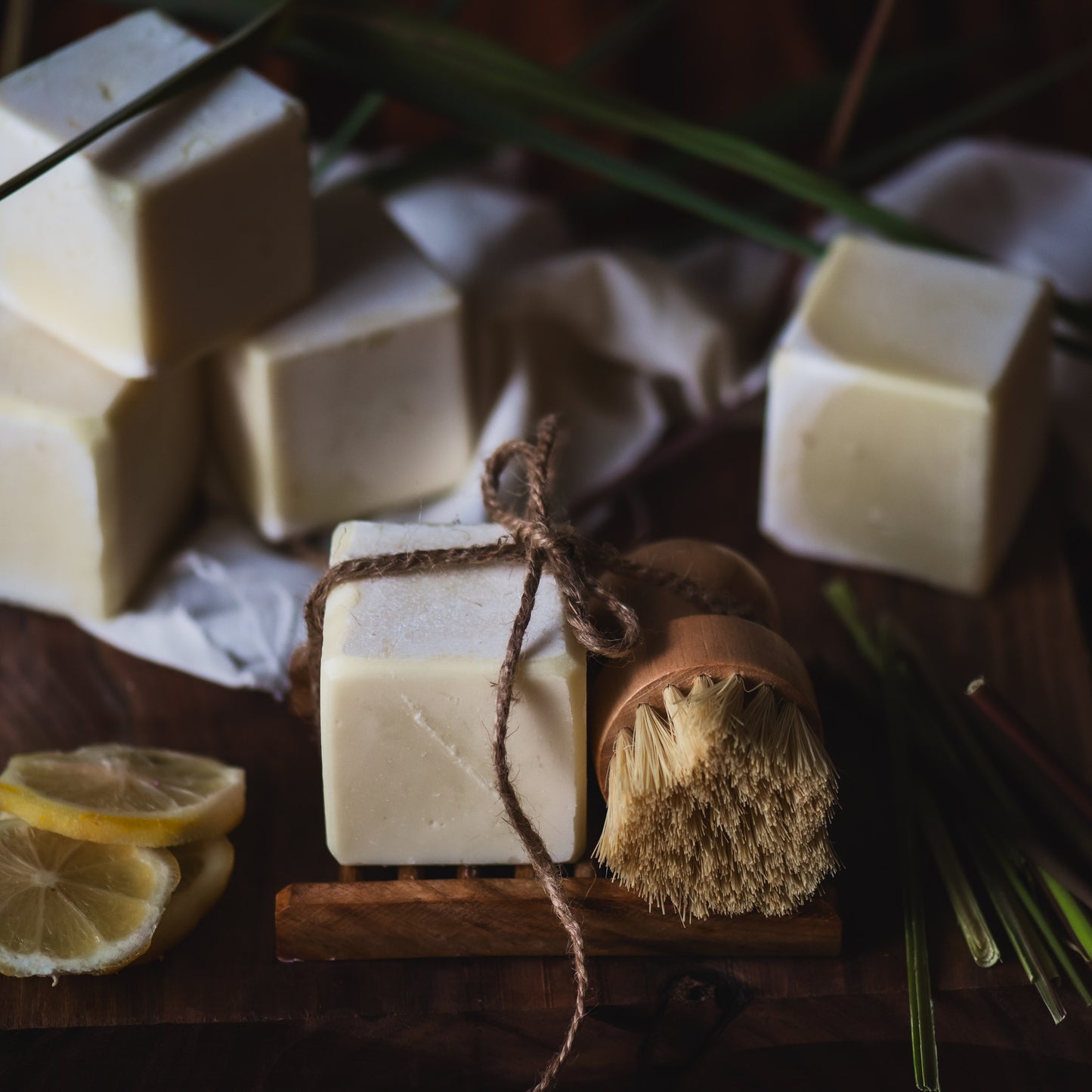 The Dish Soap Set- Artisan Crafted Dish Soap Block W/Bamboo Tray & Palm Brush