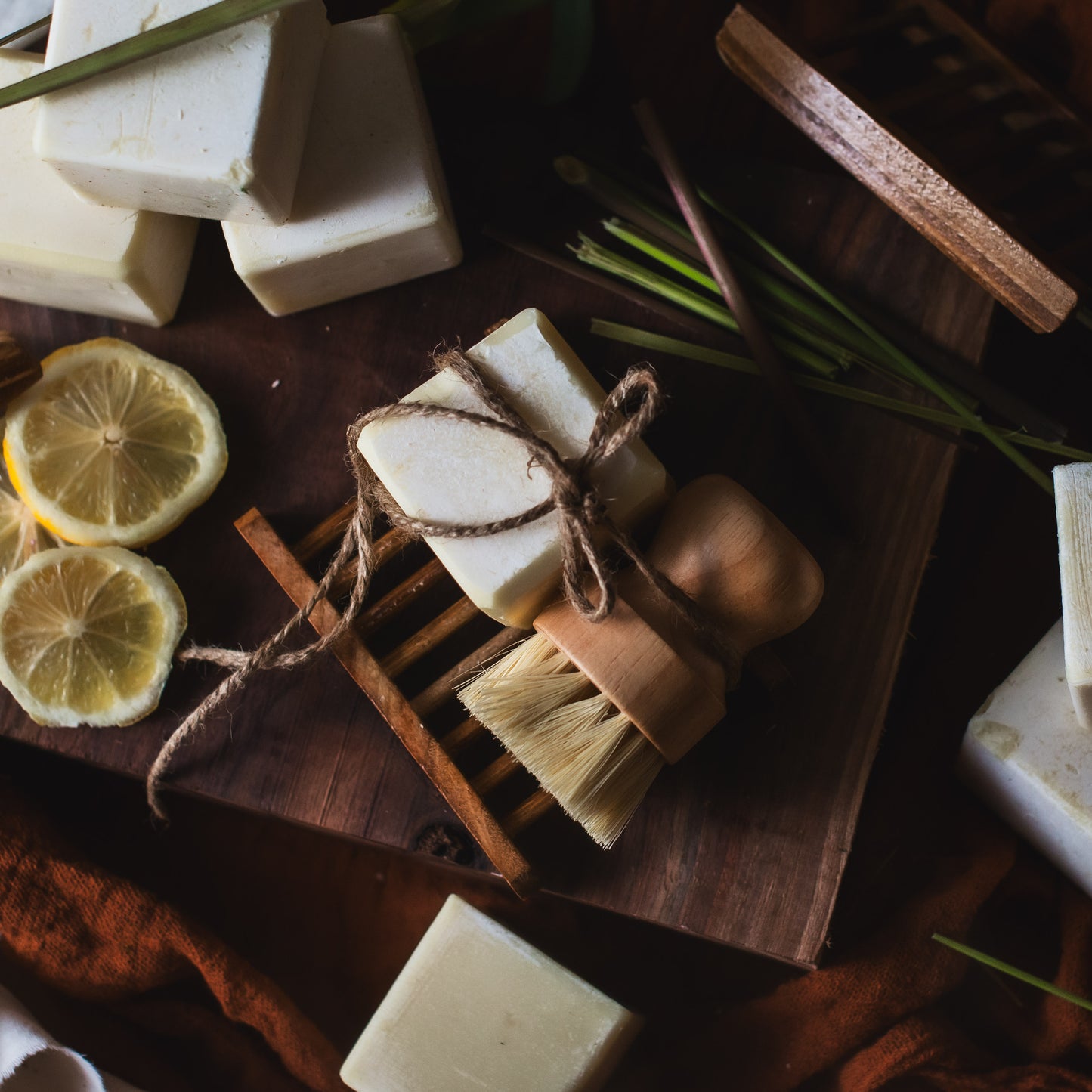 The Dish Soap Set- Artisan Crafted Dish Soap Block W/Bamboo Tray & Palm Brush