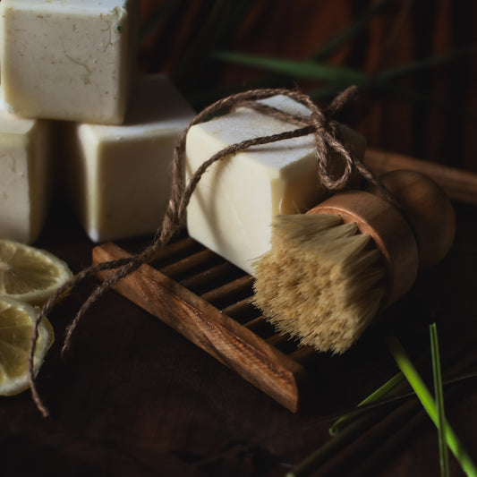 The Dish Soap Set- Artisan Crafted Dish Soap Block W/Bamboo Tray & Palm Brush